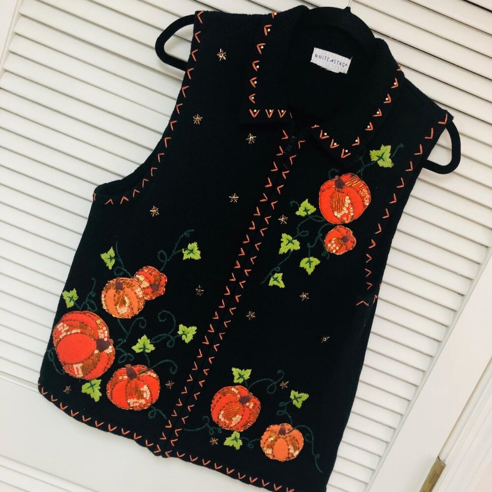 Fall Autumn Sweater Vest Womens M‎ Embroider Pumpkins Embellished Thanksgiving
